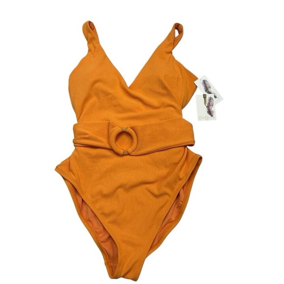 Jessica Simpson Other - Jessica Simpson Swimsuit Orange Ribbed Belted One Piece Size L Retro Vacation